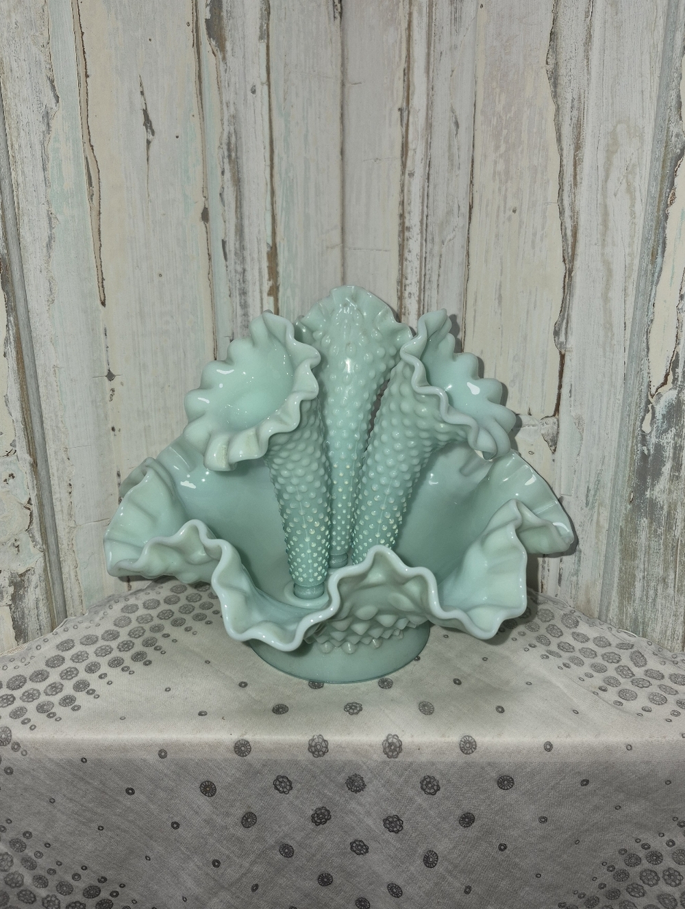 Fenton Aqua Ruffled Hobnail Glass Epergne Vase